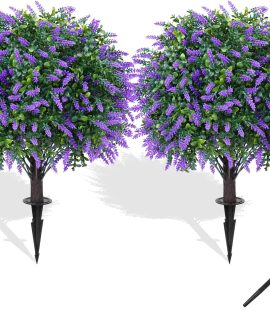 Artificial boxwood 27 inch lavender flower ball tree, artificialshrubbery with ground spikes, outdoor planting artificialplants indoor UV resistant, suitable for/outdoor decoration,